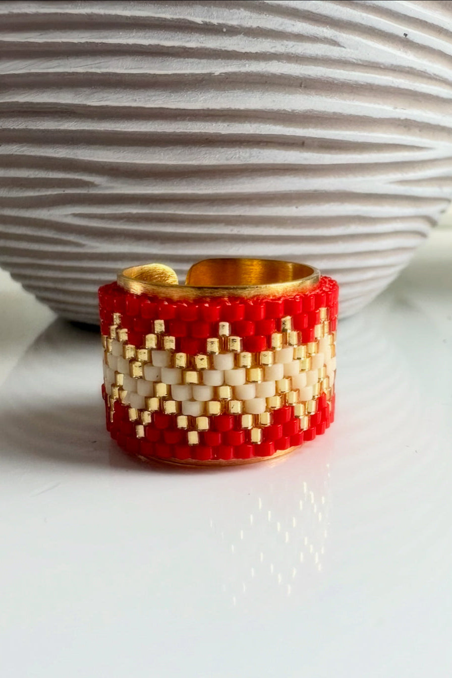 Boho Luxury Beaded Statement Ring | Handcrafted Red, Ivory & Gold Adjustable Ring