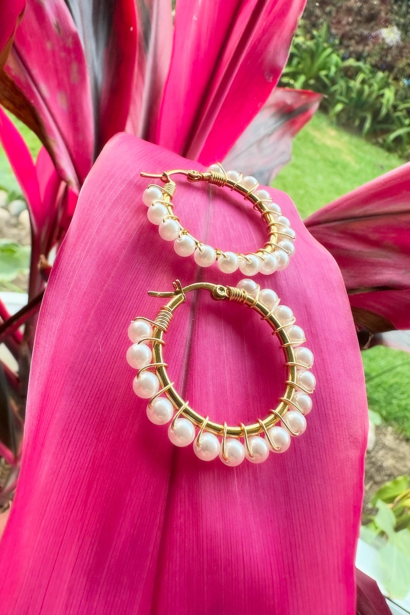 Boho Luxury Pearl Hoop Earrings | Handcrafted Gold Wire Wrapped Statement Hoops