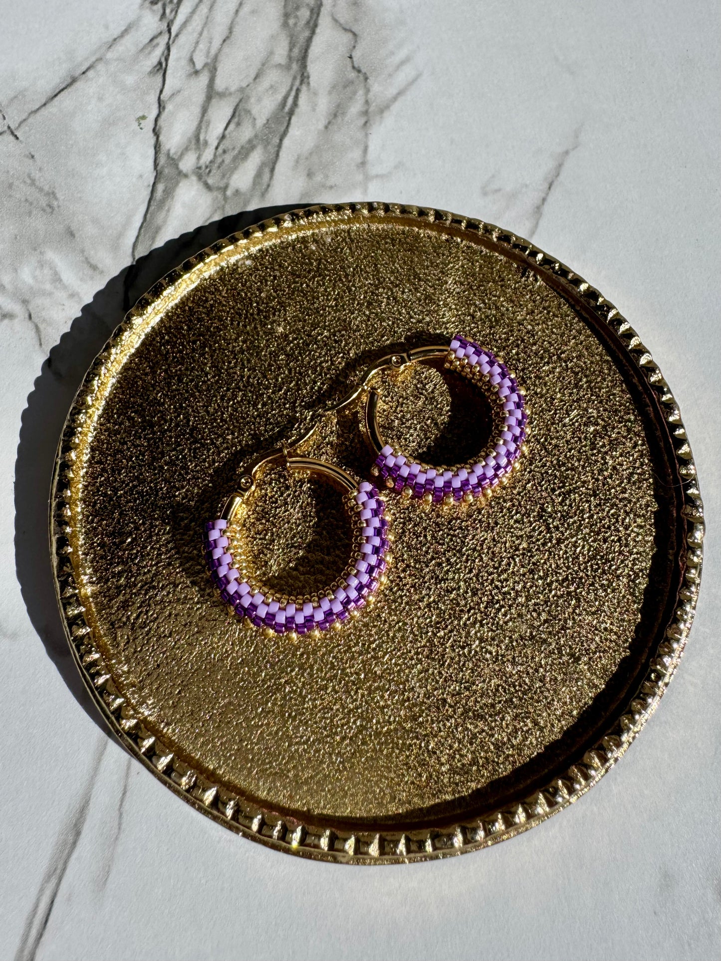 Violet Hand-Beaded Hoops