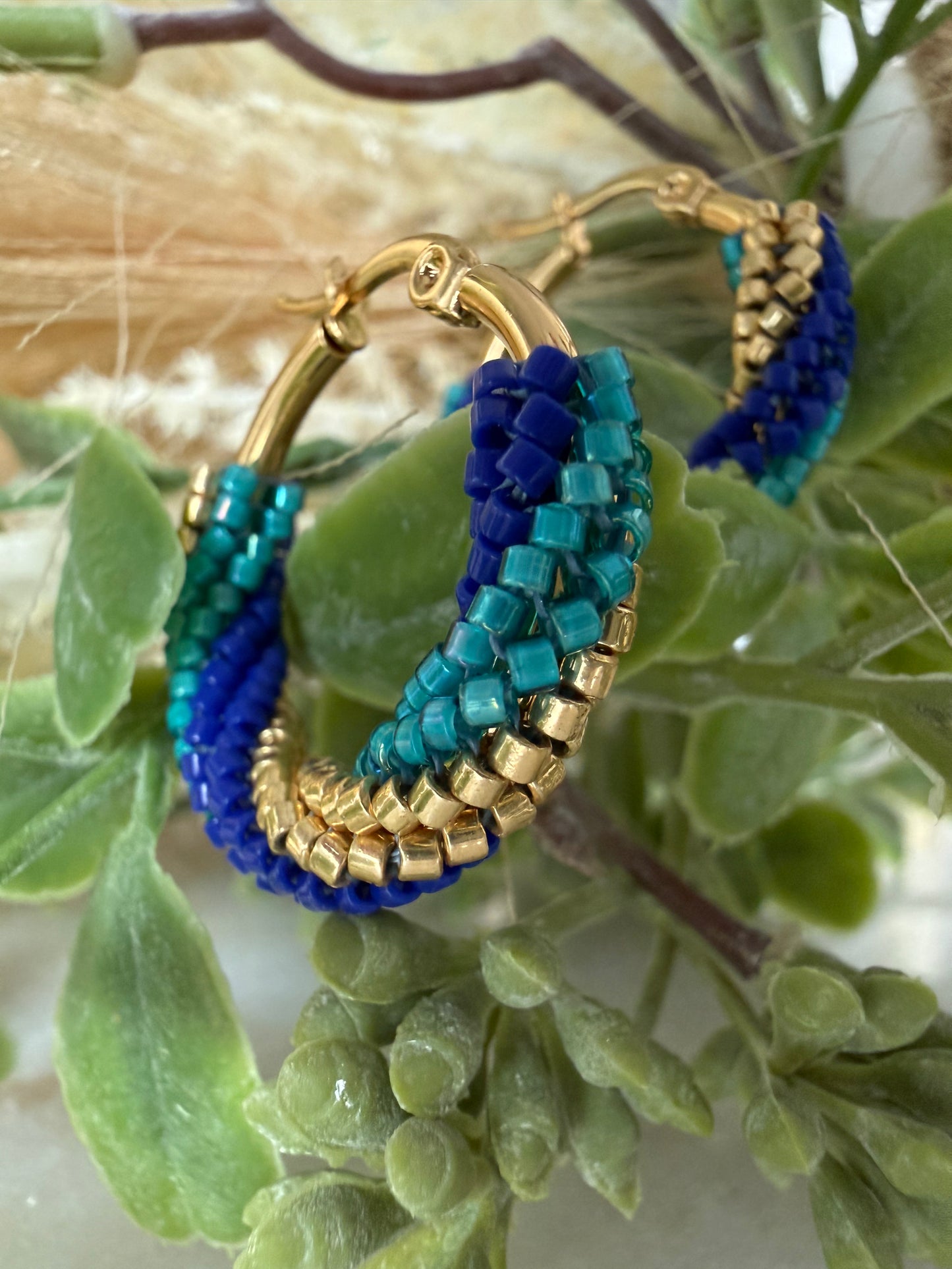 Azure Spiral Beaded Hoop Earrings – Handwoven Boho Luxury in Gold & Blue Tones