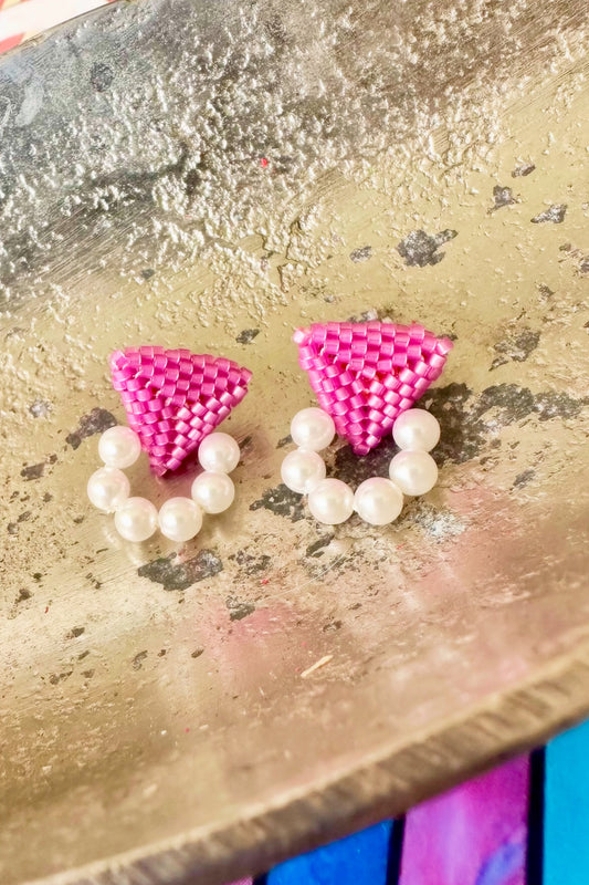 Boho Luxury Pink Pearl Earrings | Handwoven Beaded Triangle Statement Earrings