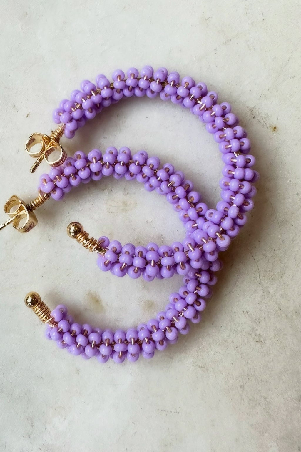 Boho Luxury Lavender Beaded Hoop Earrings | Handcrafted Statement Hoops with Gold Accents