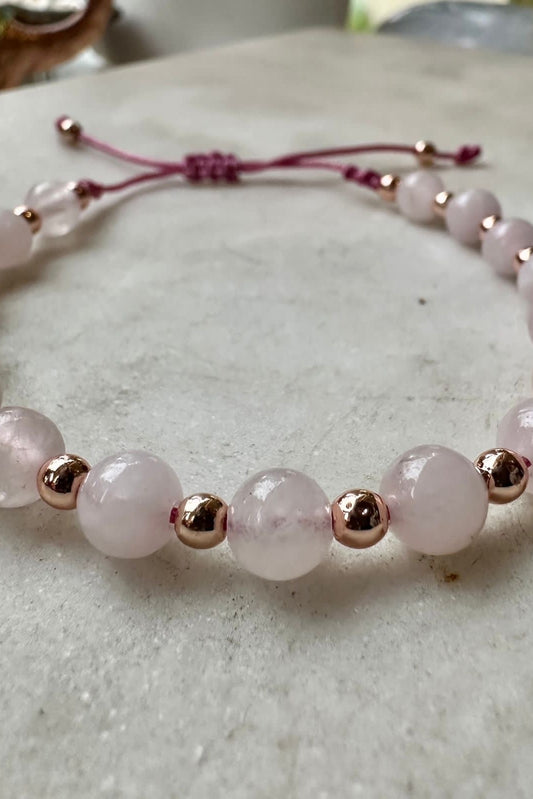 Luxury Rose Quartz Bracelet | Handcrafted Adjustable Beaded Bracelet with Gold Accents