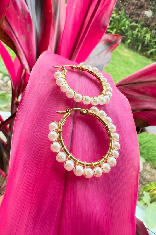 Boho Luxury Pearl Hoop Earrings | Handcrafted Gold Wire Wrapped Statement Hoops