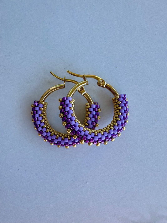 Violet Hand-Beaded Hoops
