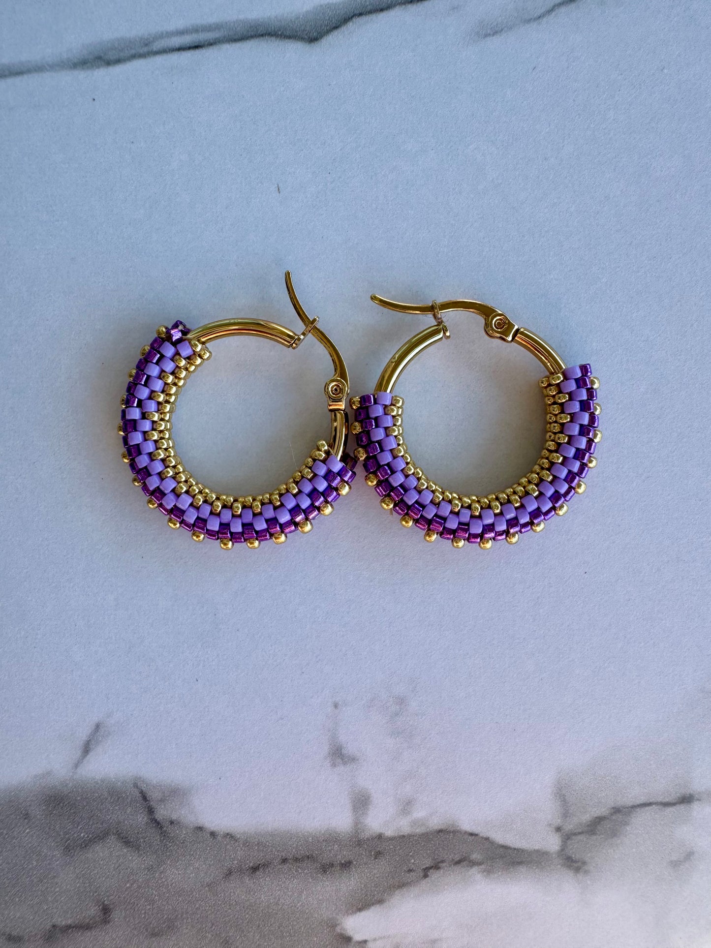 Violet Hand-Beaded Hoops