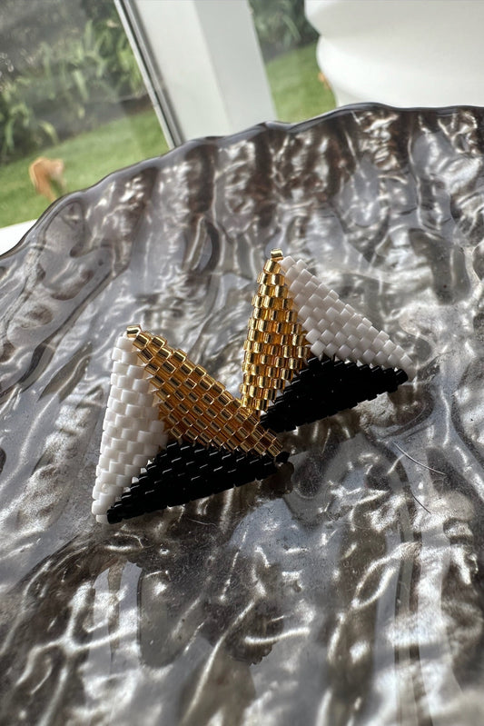 Boho Luxury Geometric Beaded Earrings | Handcrafted Black, White & Gold Statement Design