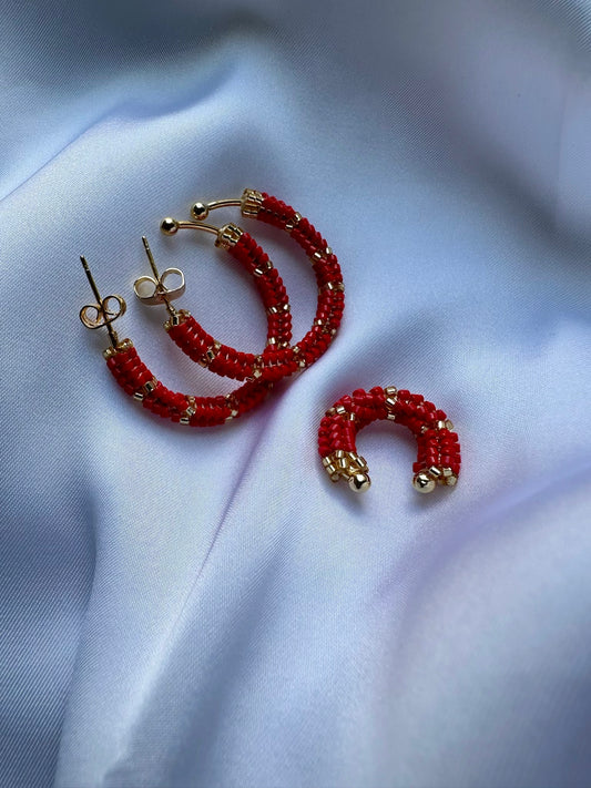 Boho Luxury Red Beaded Hoop Earrings & Ear Cuff Set | Handcrafted Gold-Accented Statement Jewelry