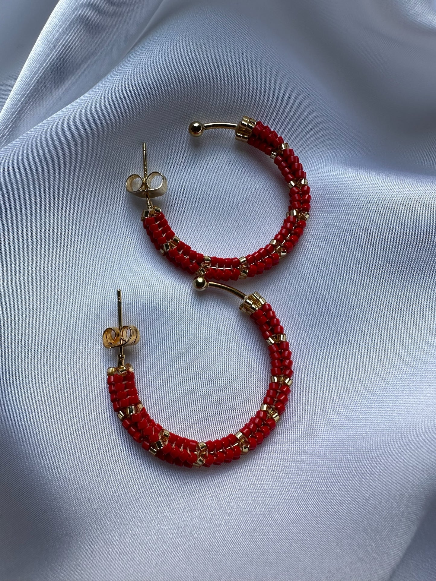 Boho Luxury Red Beaded Hoop Earrings & Ear Cuff Set | Handcrafted Gold-Accented Statement Jewelry
