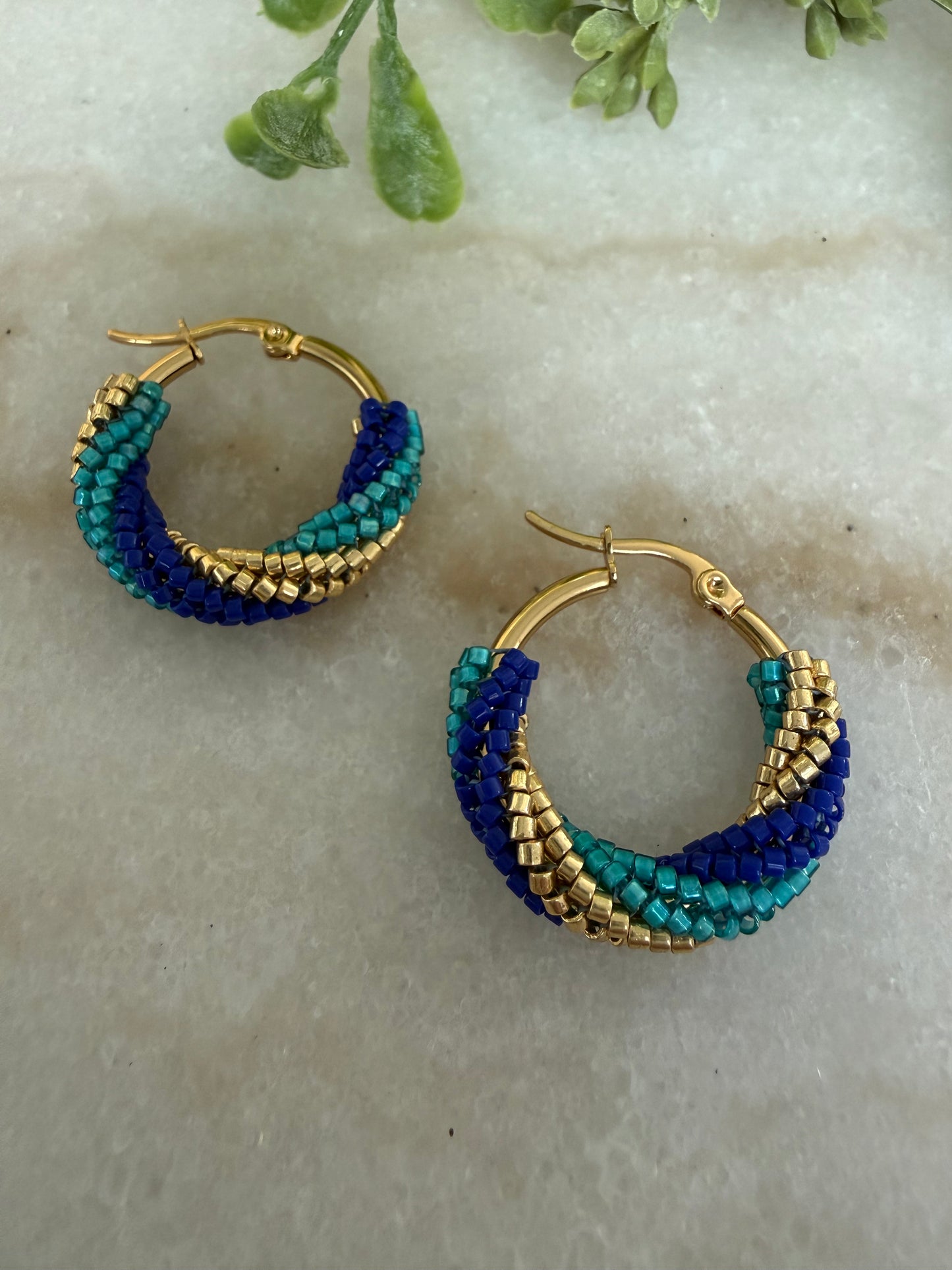 Azure Spiral Beaded Hoop Earrings – Handwoven Boho Luxury in Gold & Blue Tones