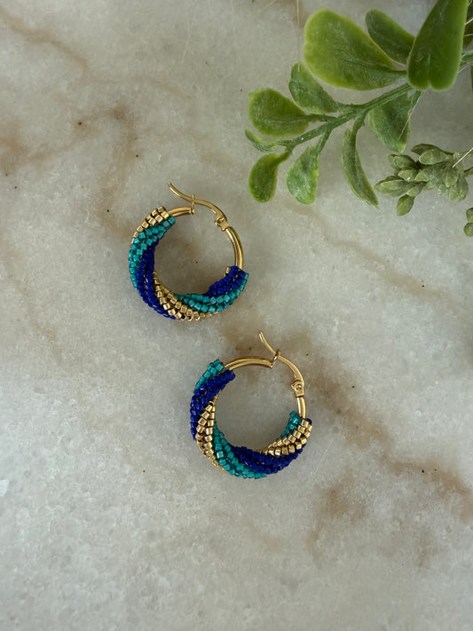 Azure Spiral Beaded Hoop Earrings – Handwoven Boho Luxury in Gold & Blue Tones