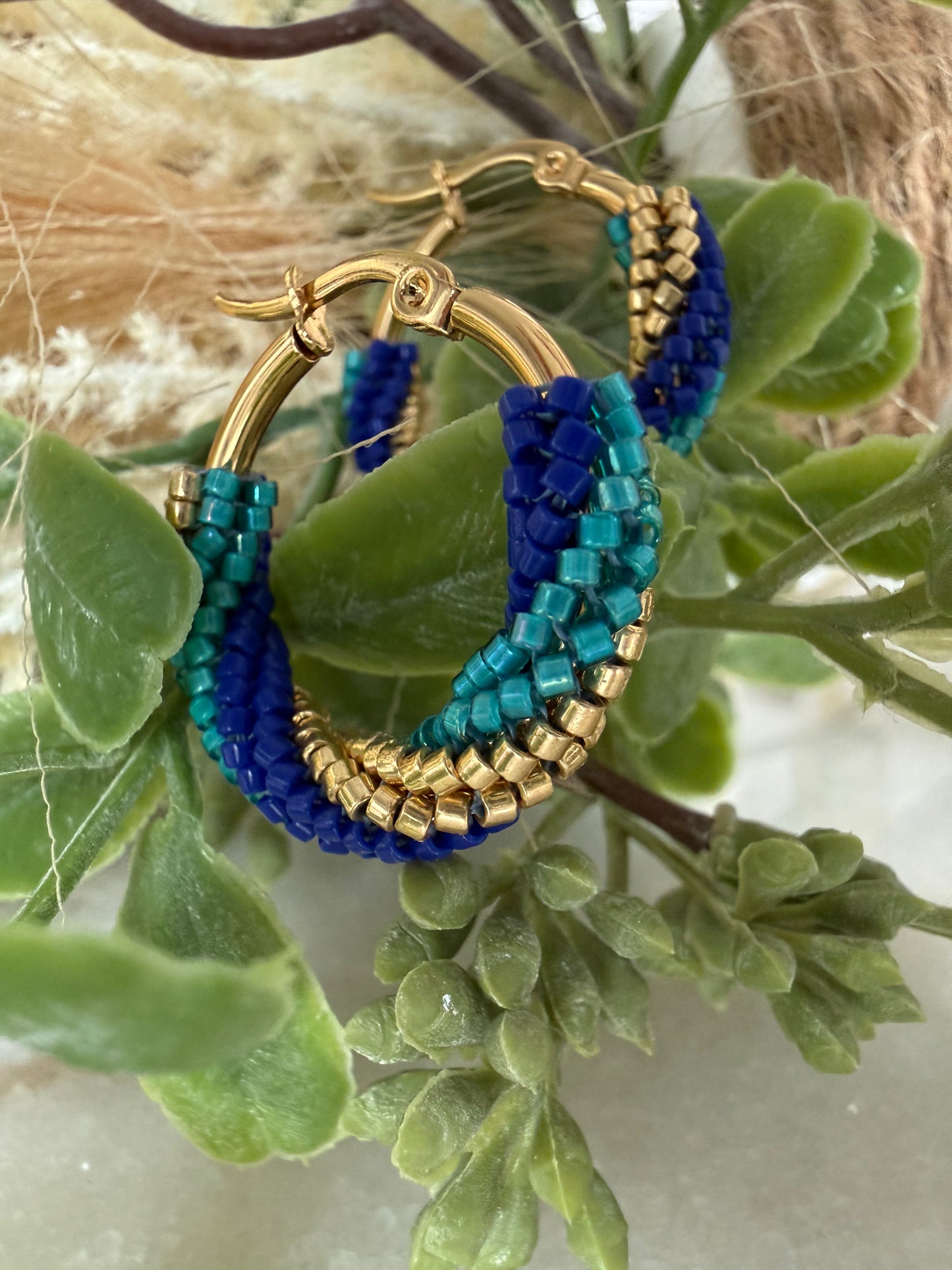 Azure Spiral Beaded Hoop Earrings – Handwoven Boho Luxury in Gold & Blue Tones