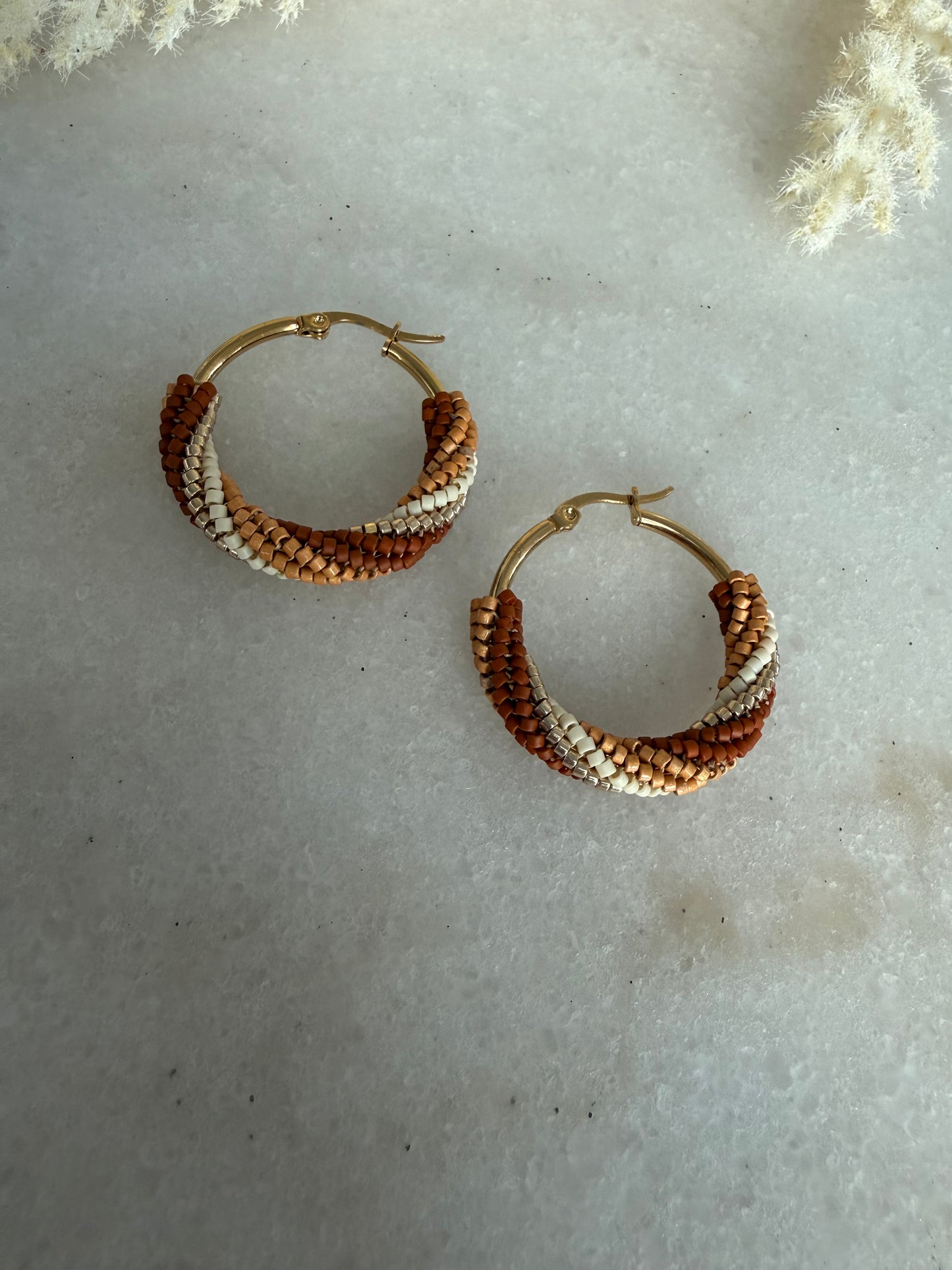 Boho Luxe Handwoven Hoop Earrings in Gold, Ivory & Warm Earth Tones