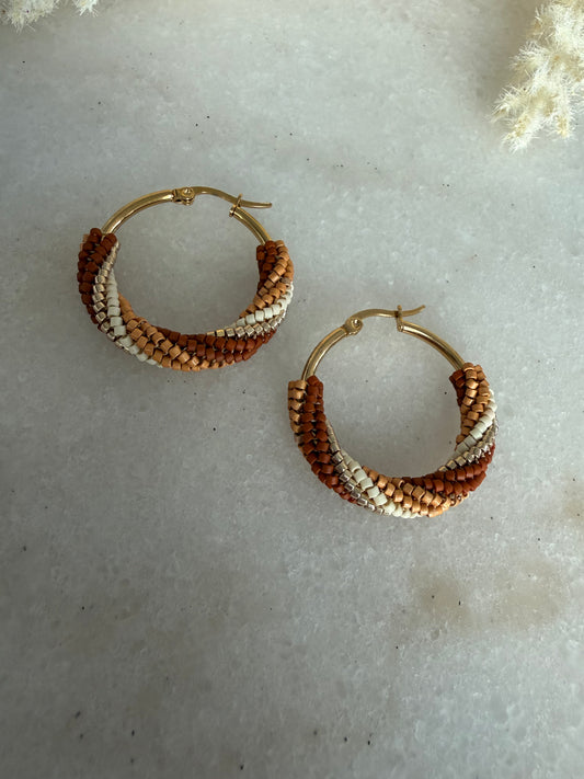 Boho Luxe Handwoven Hoop Earrings in Gold, Ivory & Warm Earth Tones