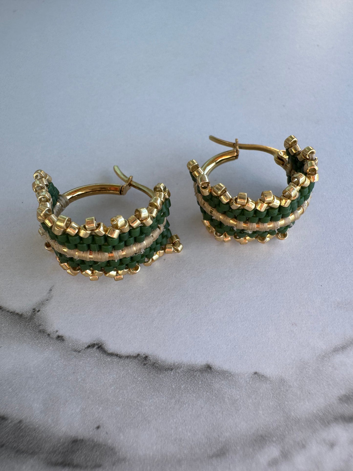 Emerald Loom Hoop Earrings – Handwoven Gold & Green Beaded Hoop