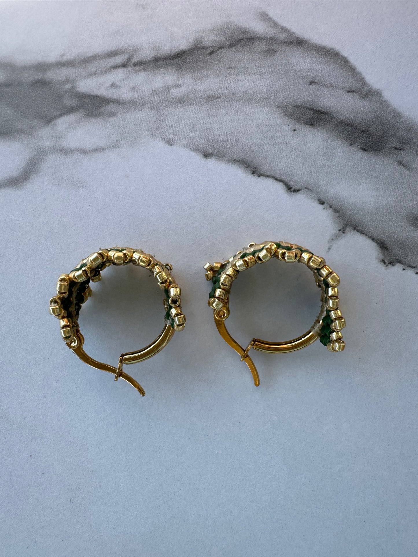 Emerald Loom Hoop Earrings – Handwoven Gold & Green Beaded Hoop