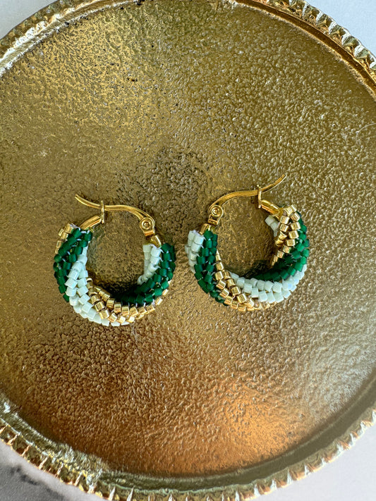Emerald Harmony Beaded Hoop Earrings – Handmade Boho Luxury Gold Hoops