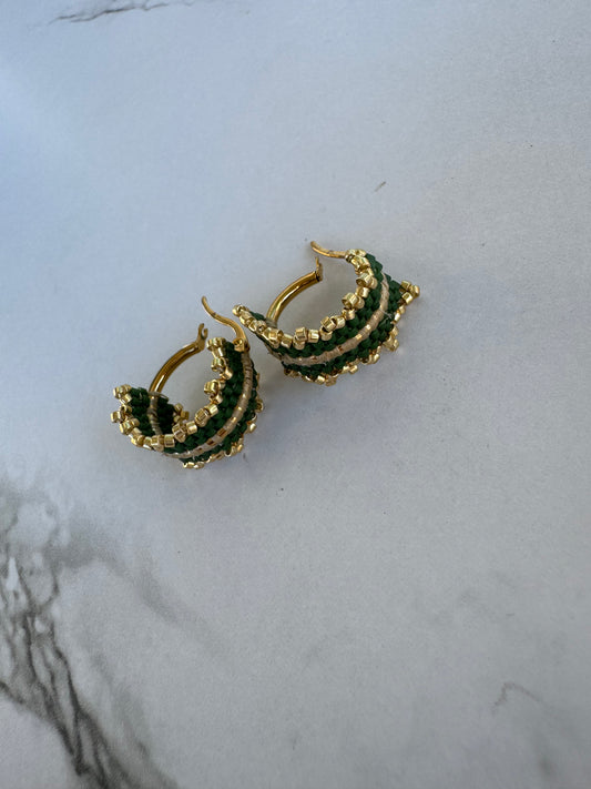 Emerald Aura Beaded Hoop Earrings – Handmade Boho Luxury in Green & Gold