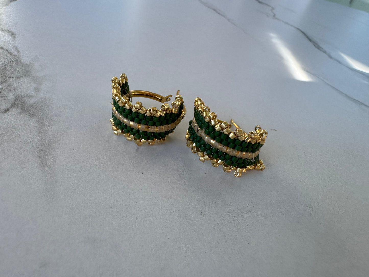 Emerald Aura Beaded Hoop Earrings – Handmade Boho Luxury in Green & Gold