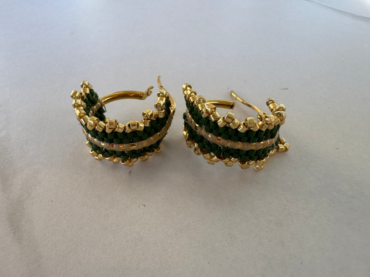 Emerald Aura Beaded Hoop Earrings – Handmade Boho Luxury in Green & Gold