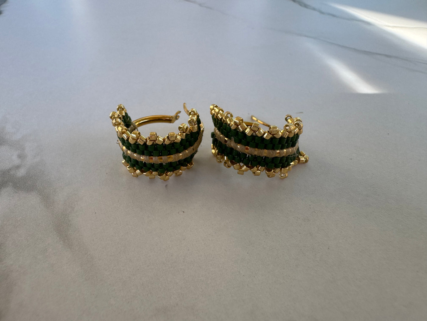 Emerald Aura Beaded Hoop Earrings – Handmade Boho Luxury in Green & Gold