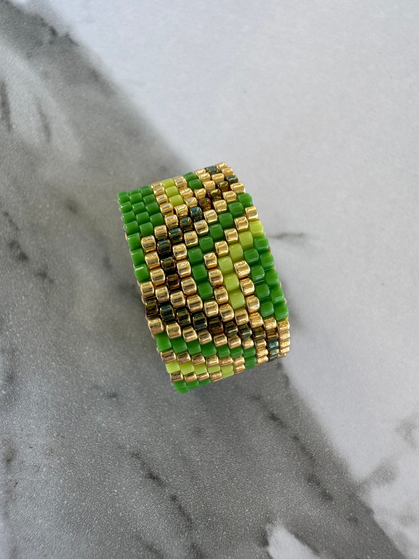 Emerald Aura Cuff Ring – Handwoven Boho Luxury with Golden Accents