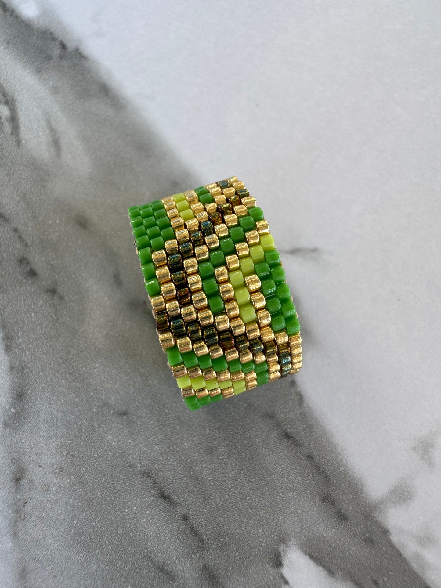 Emerald Aura Cuff Ring – Handwoven Boho Luxury with Golden Accents