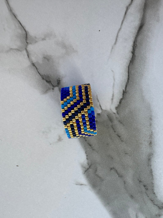 Azure Flow Cuff Ring – Handwoven Boho Luxury in Blue & Gold