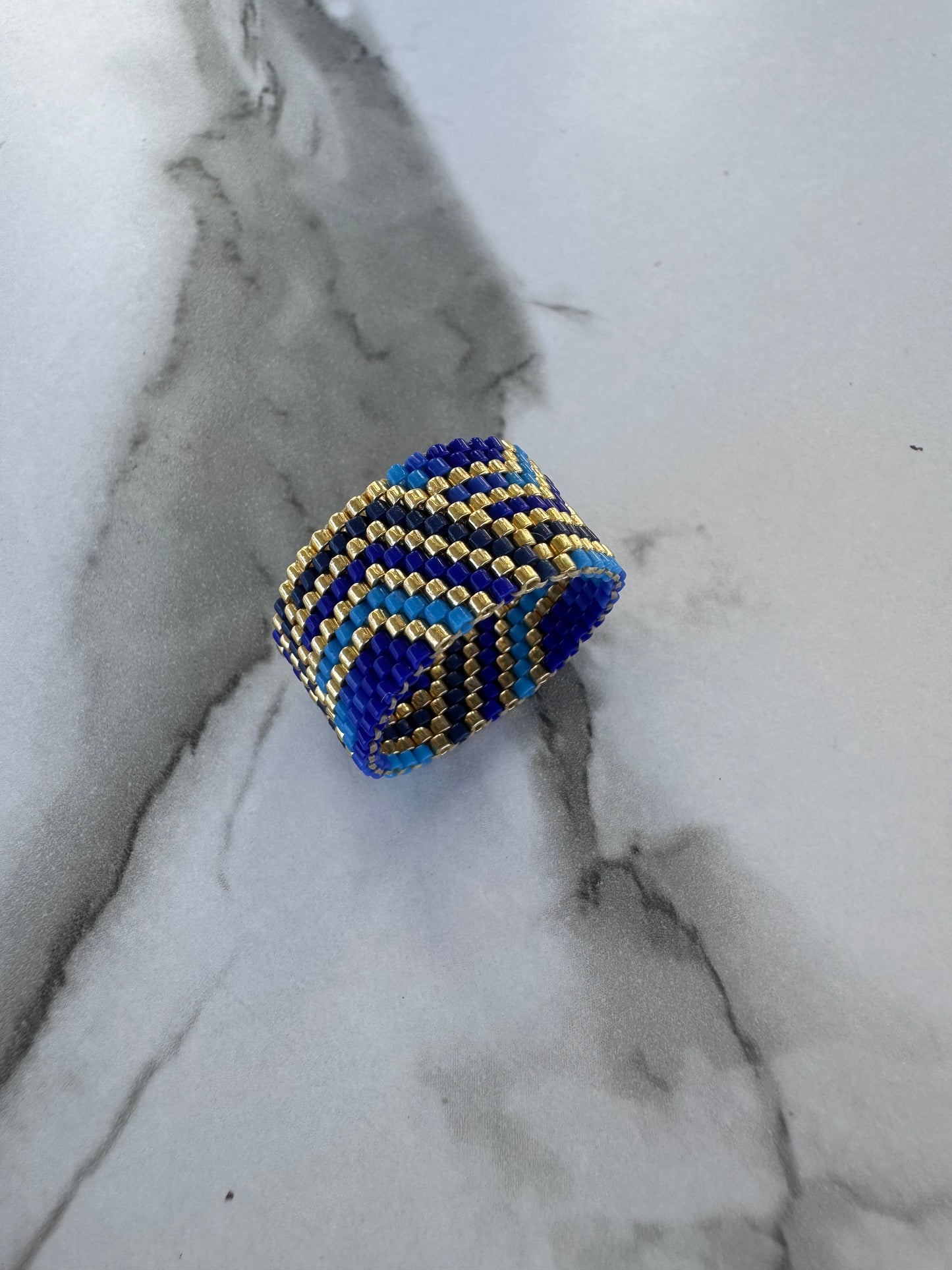 Azure Flow Cuff Ring – Handwoven Boho Luxury in Blue & Gold