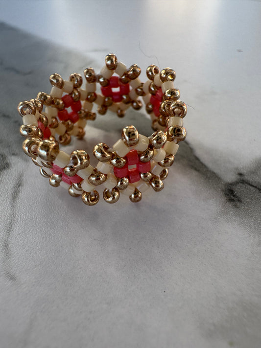 Handwoven Boho Luxury Ring in Gold, Ivory & Coral Beads