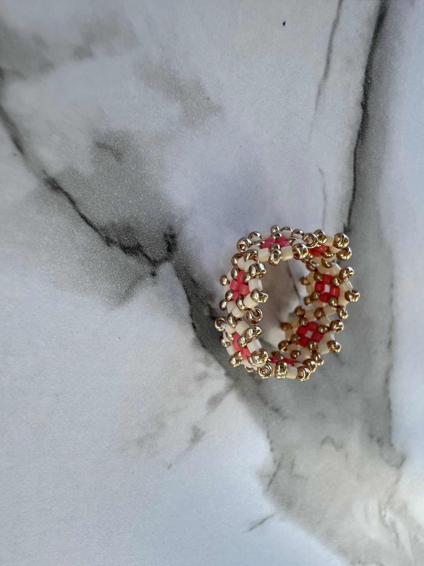 Handwoven Boho Luxury Ring in Gold, Ivory & Coral Beads