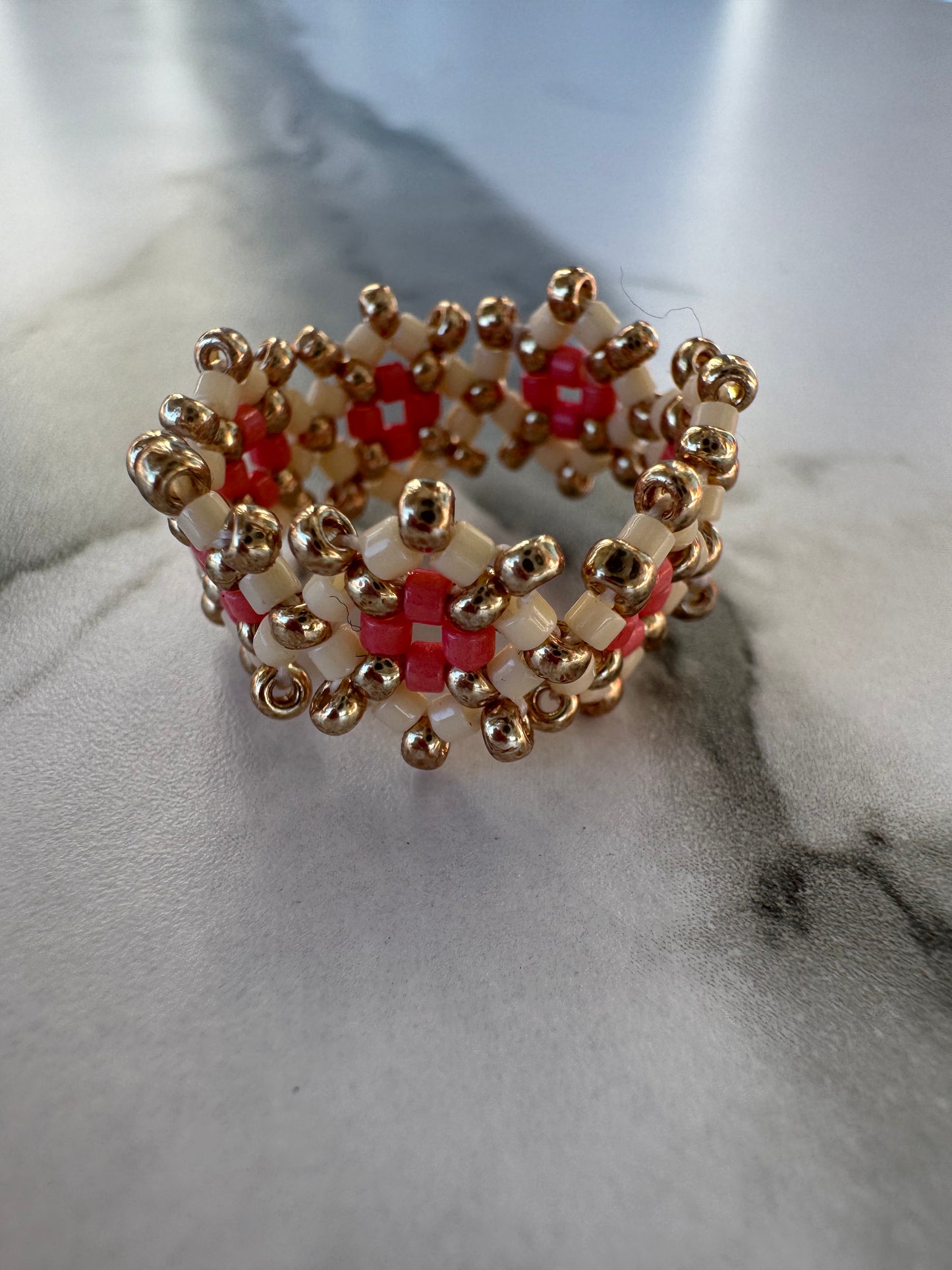 Handwoven Boho Luxury Ring in Gold, Ivory & Coral Beads