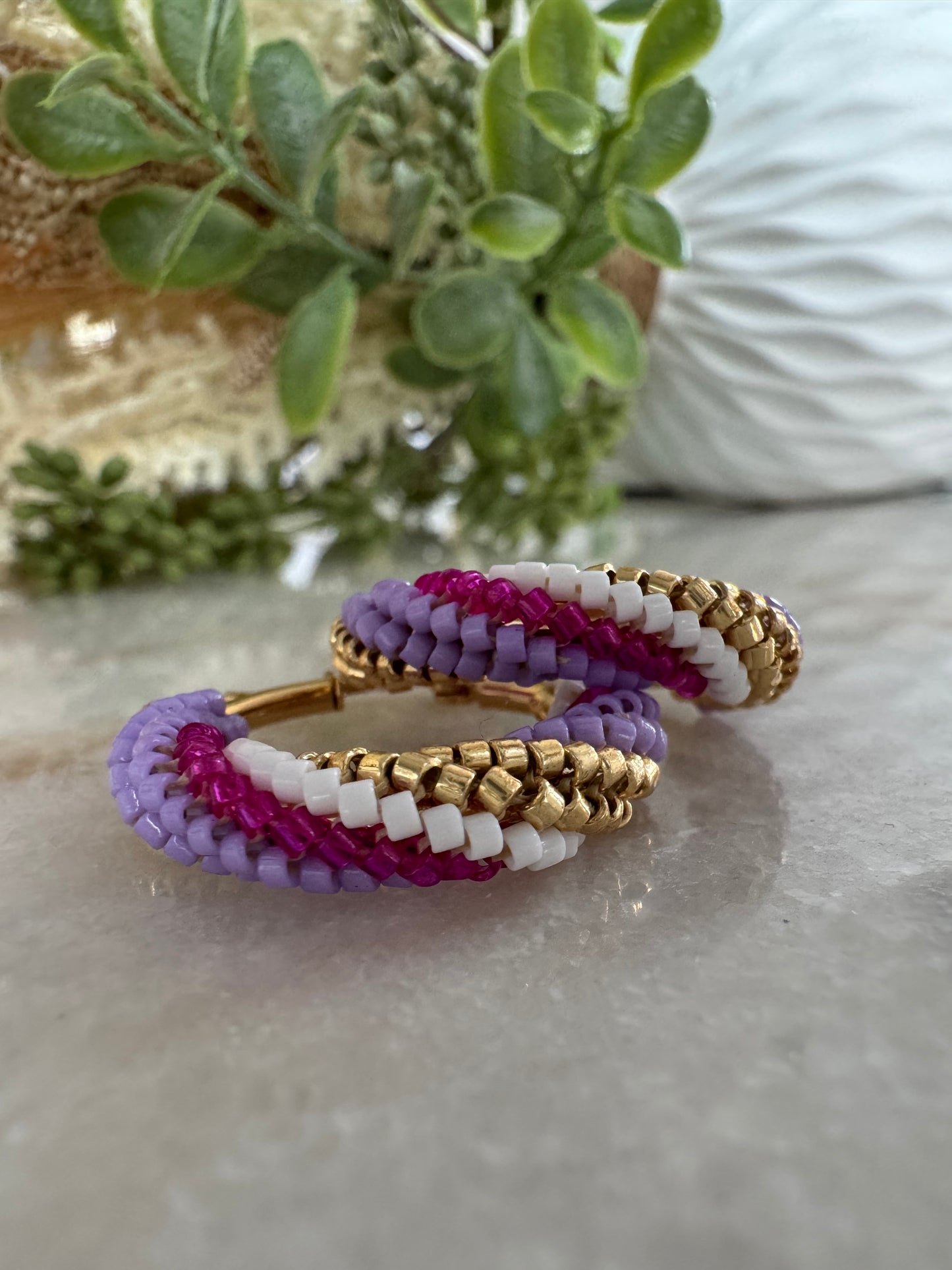 Boho Luxury Multicolor Hoop Earrings in Lilac, Fuchsia & Gold | Handcrafted Statement Design