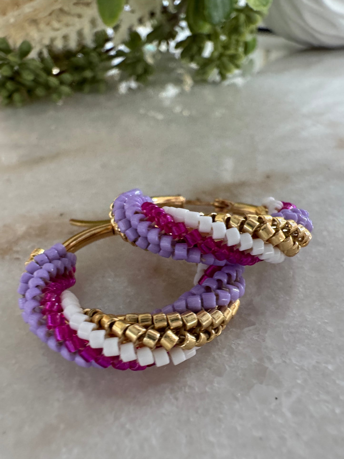 Boho Luxury Multicolor Hoop Earrings in Lilac, Fuchsia & Gold | Handcrafted Statement Design
