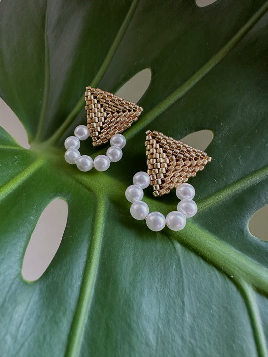 Boho Luxury Pearl Drop Earrings | Handcrafted Geometric Gold & Pearl Statement Earrings